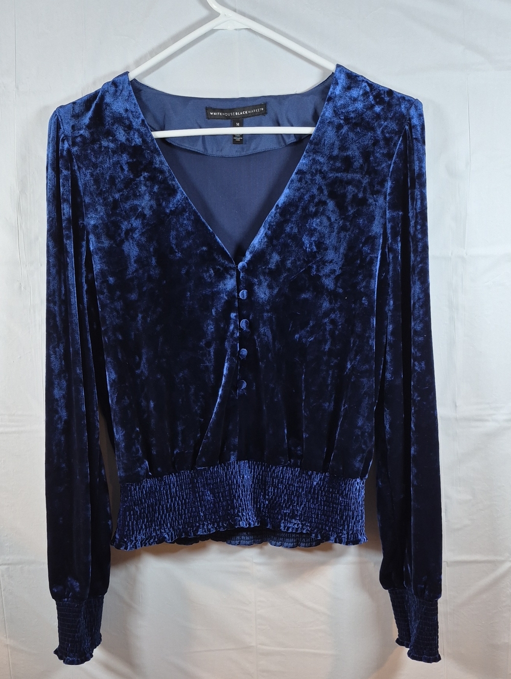 White House Black Market Deep Navy Velvet V-Neck Button Blouse